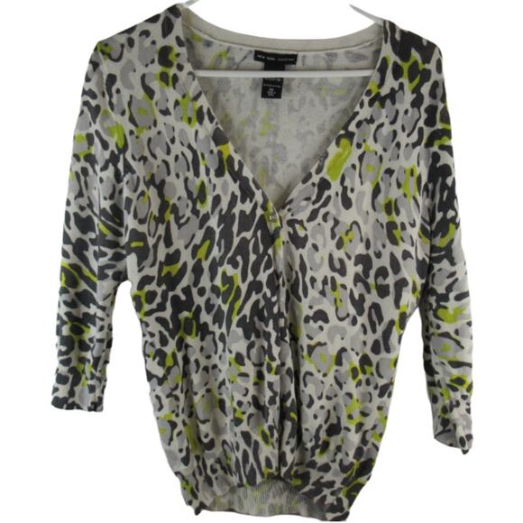 New York & Company Sweaters - New York & Company 3/4 Sleeve grey and green leopard print cardigan